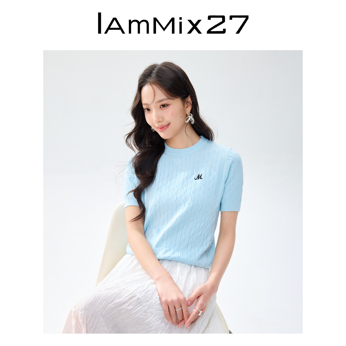 IAmMIX27夏季套头针织衫女短袖薄款纯色麻花纹字母绣花圆领T恤女