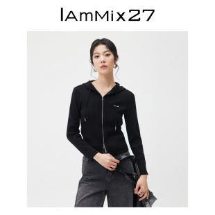 显瘦运动休闲莱赛尔双拉链黑色针织衫 IAmMIX27春秋连帽开衫 女短款