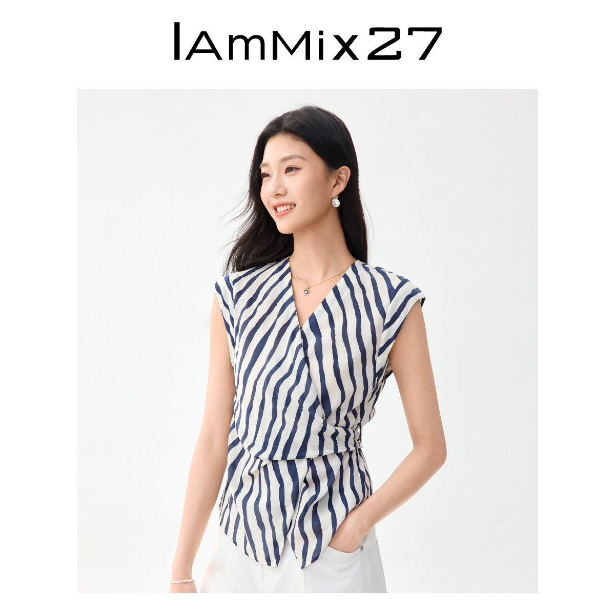 IAmMIX27夏季条纹V领衬衫女无袖薄款收腰不对称系带围裹式衬衣女