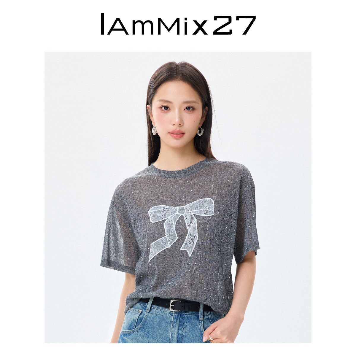 IAmMIX27夏季圆领T恤女短袖薄款蕾丝贴布蝴蝶结烫钻套头针织衫女