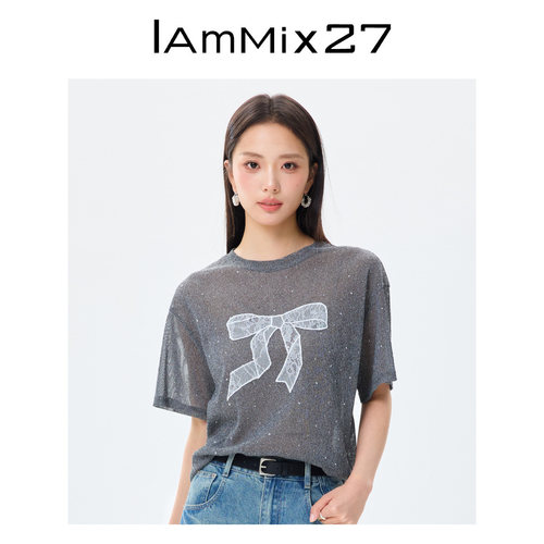 iammix27夏季烫钻圆领短袖T恤女