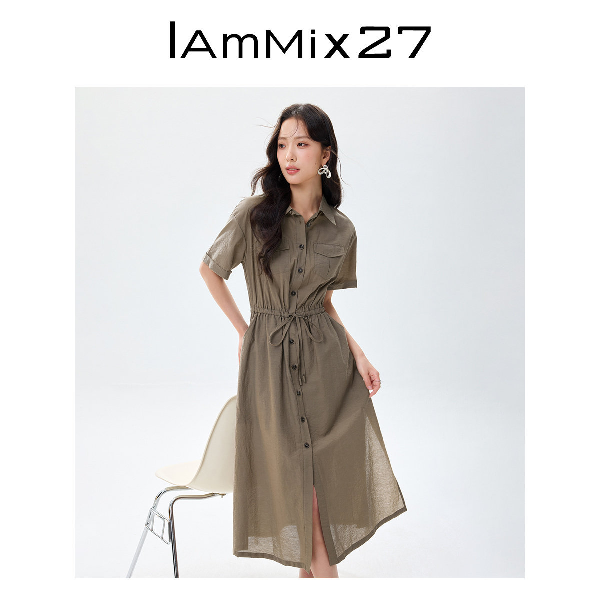 IAmMIX27夏季短袖连衣裙女高腰显瘦薄款简约风系带衬衫裙女中长裙