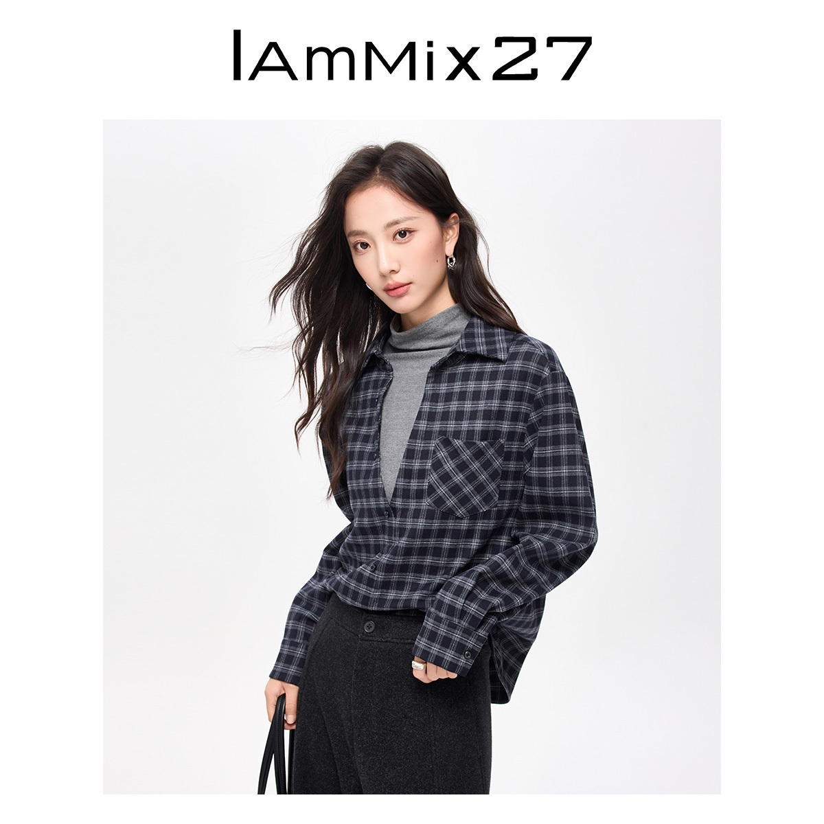iammix27假两件套头翻领格子衬衫