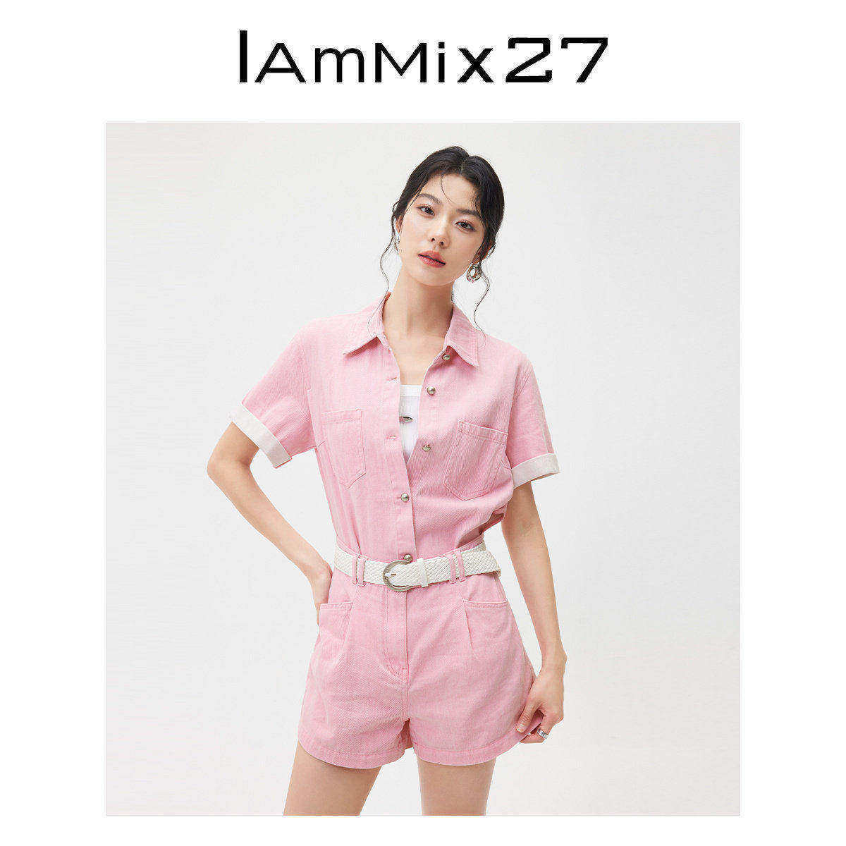 IAmMIX27时尚连体短裤女夏季工装风假两件彩色翻领全棉牛仔连体衣