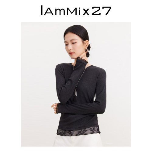 iammix27春秋纯色蕾丝拼接打底衫