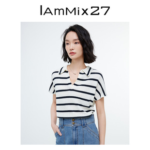 IAmMIX27条纹套头针织衫 女短袖 宽松休闲百搭莱赛尔亚麻混纺POLO衫