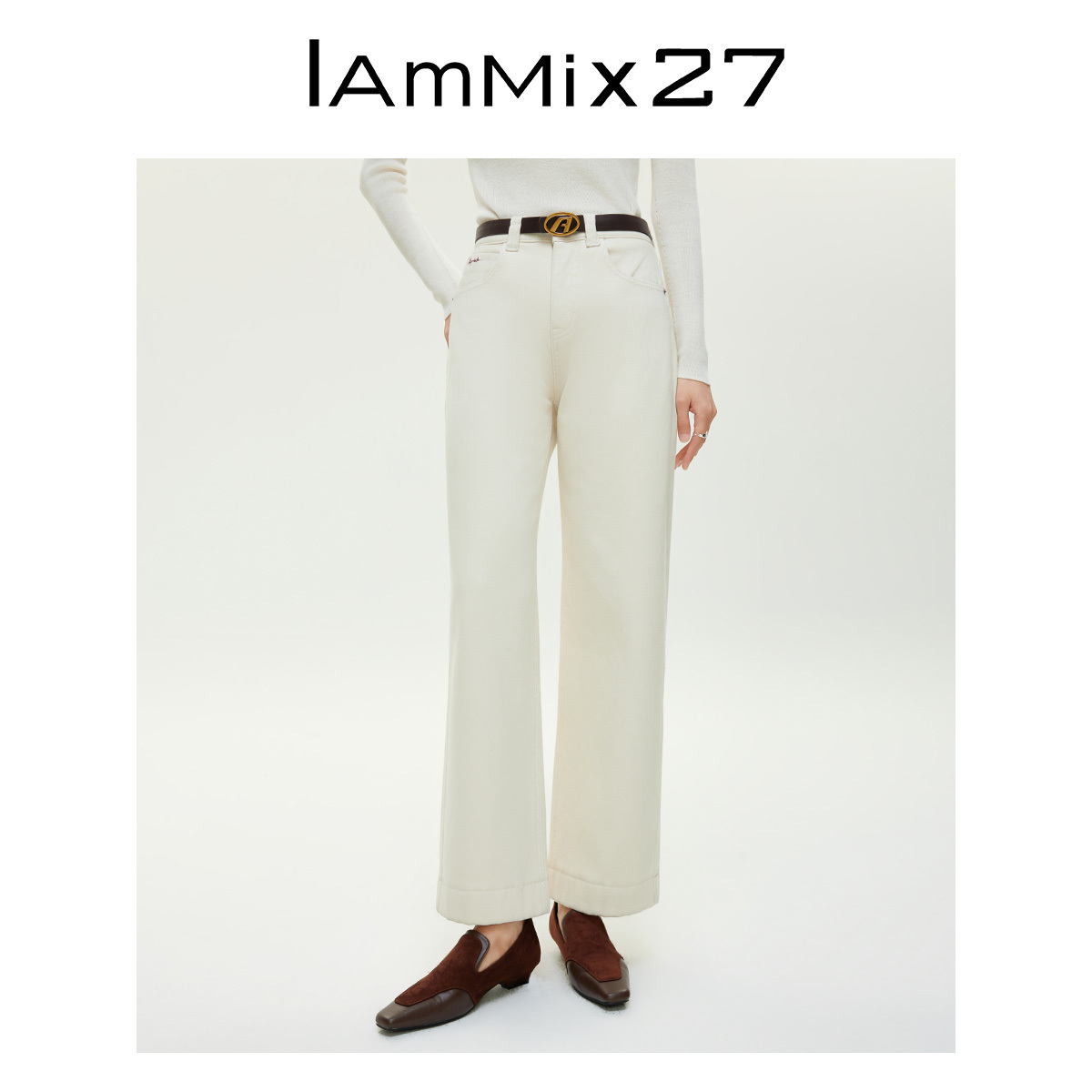 iammix27冬季加绒白坯牛仔直筒裤