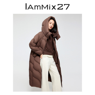 轻暖连帽羽绒服女长款 IAmMIX27冬季 过膝加厚保暖御寒90绒鸭绒外套