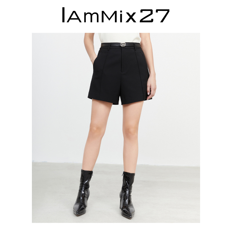 IAmMIX27黑色高腰短裤女春夏时尚羊毛混纺呢料简约直筒休闲裤女短