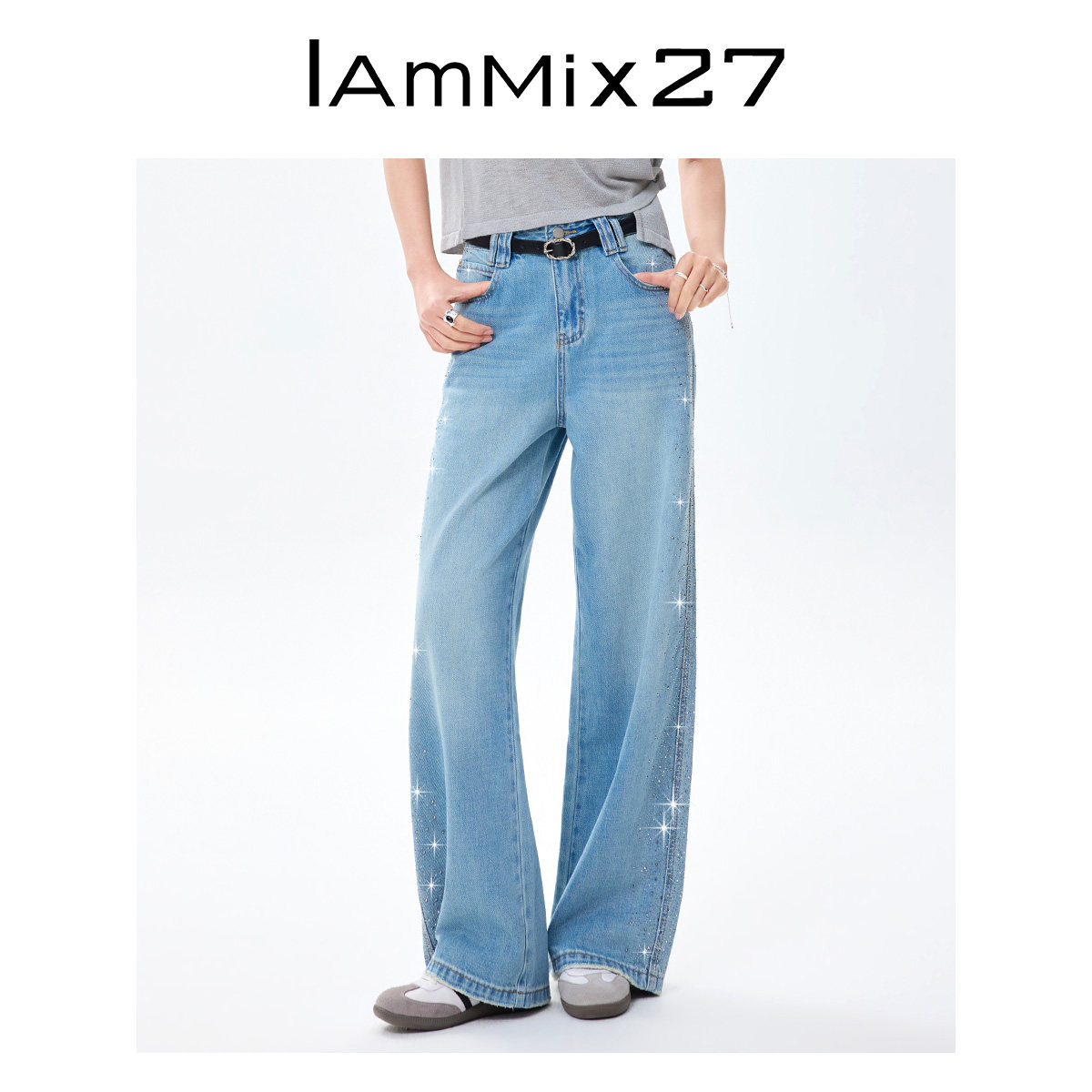 IAmMIX27夏季高腰牛仔裤女宽松显瘦侧缝烫钻做旧全棉直筒裤女长裤