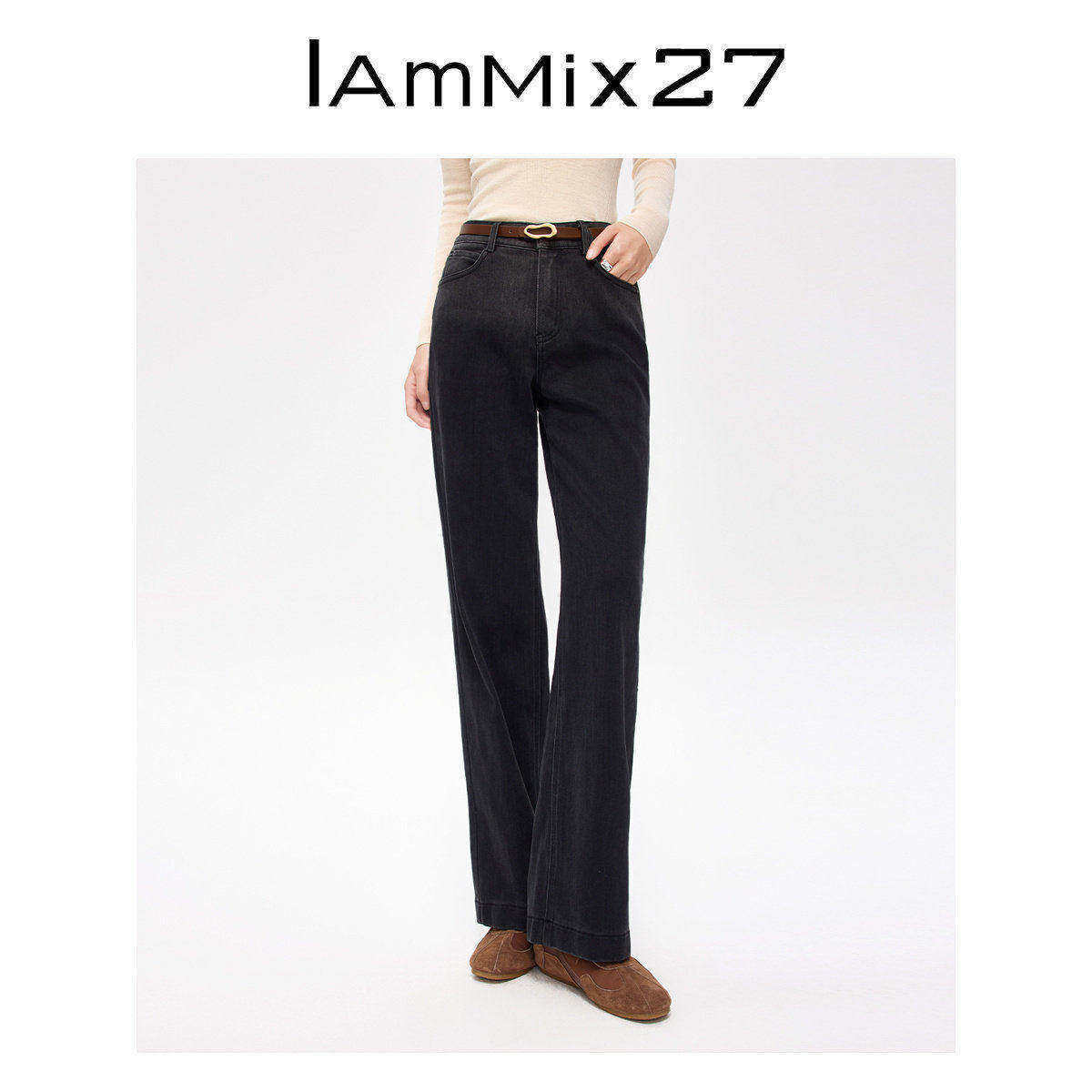 IAmMIX27秋冬高腰牛仔裤女加厚拉绒黑色渐变窄版显瘦直筒裤女长裤