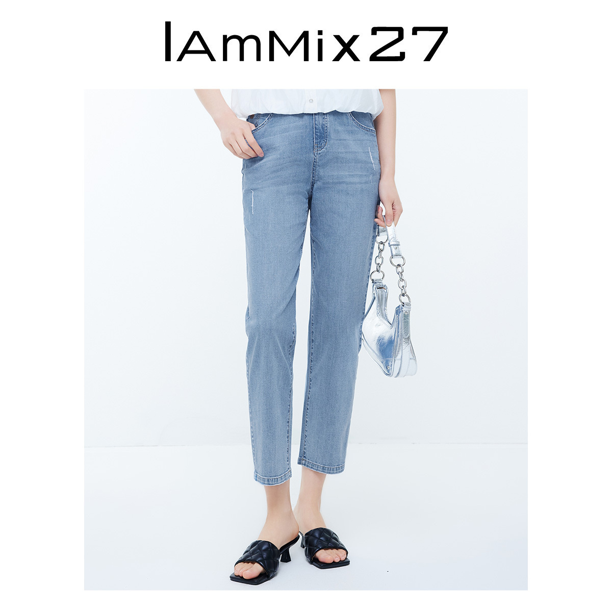 IAmMIX27高腰磨白牛仔裤九分裤