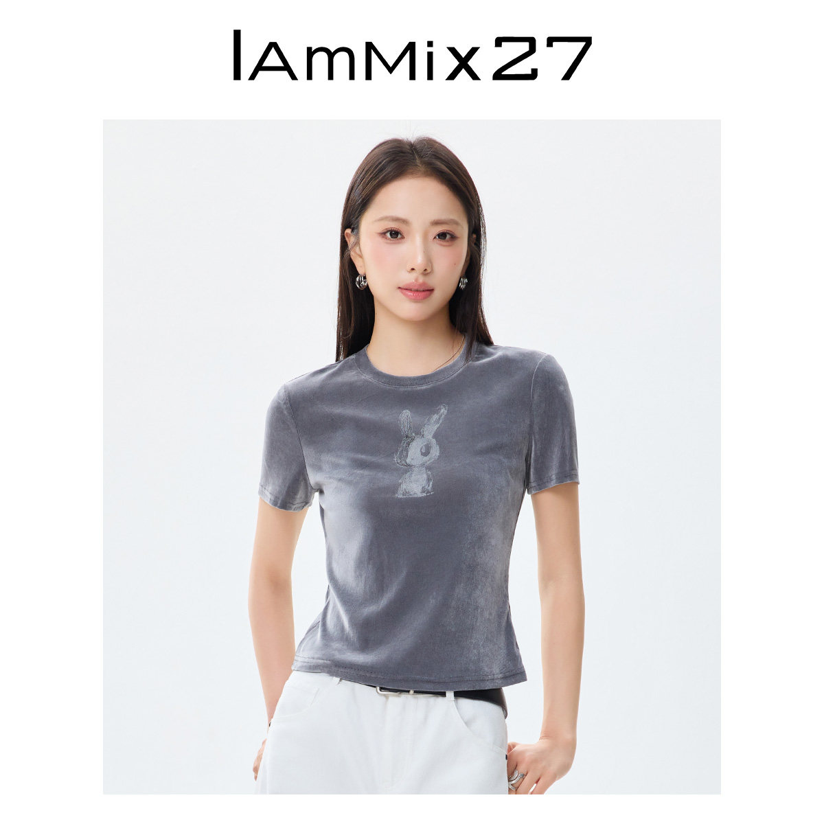IAmMIX27夏季灰色圆领T恤女短袖修身时尚兔子印花丝绒感套头上衣