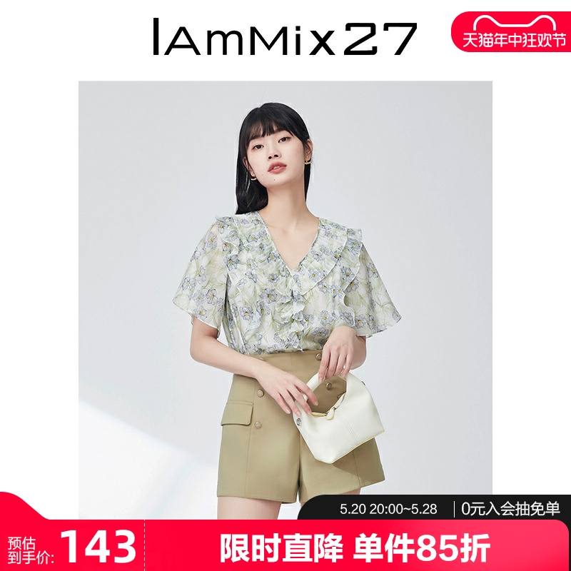 IAmMIX27宽松短袖印花V领雪纺衫