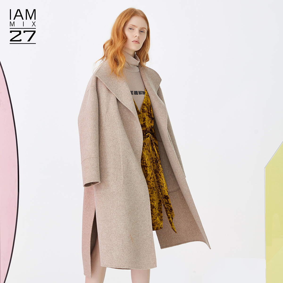 IAmMIX27大翻领毛呢外套女士冬季长款休闲羊毛料双面呢大衣女宽松