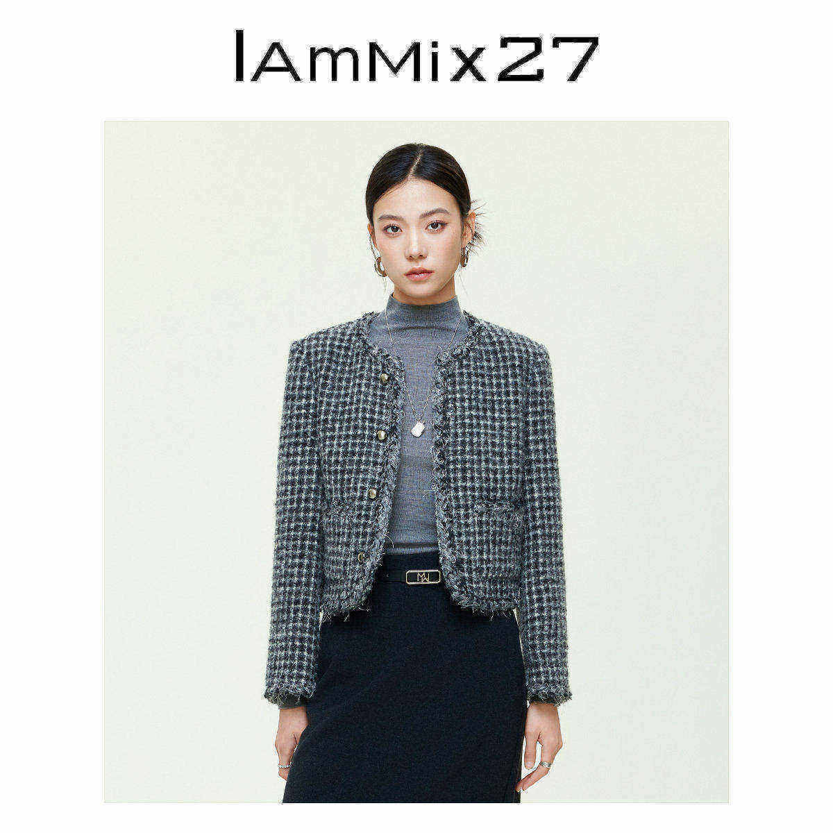 IAmMIX27圆领毛呢外套女短款复古小香风加厚复古格子粗花呢短外套
