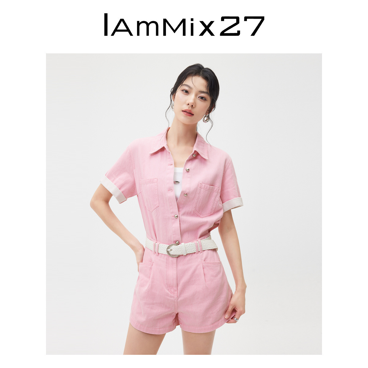 IAmMIX27时尚连体短裤女夏季工装风假两件彩色翻领全棉牛仔连体衣