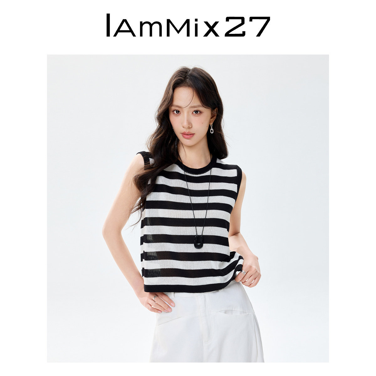 IAmMIX27夏季套头条纹针织衫女无袖宽松莱赛尔透气圆领背心女薄款