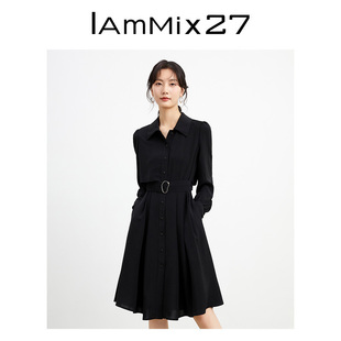 裙女中长裙子 复古精致衬衫 连衣裙女高腰显瘦法式 IAmMIX27黑色长袖