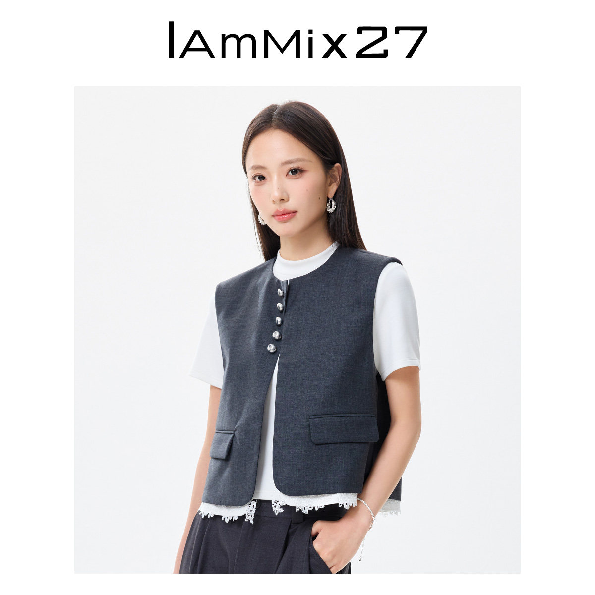 IAmMIX27灰色西装马甲女短款宽松时尚小众蕾丝花边无袖圆领外套女