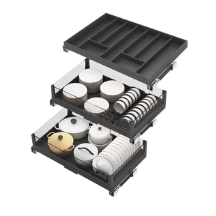 米司库厨房橱柜3层碗碟篮全铝锅具篮工具收纳分类隔板抽52cm特深