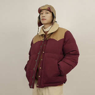 OUTORI2023冬季新款复古撞色保暖95白鹅绒面包服拼接翻领羽绒服男