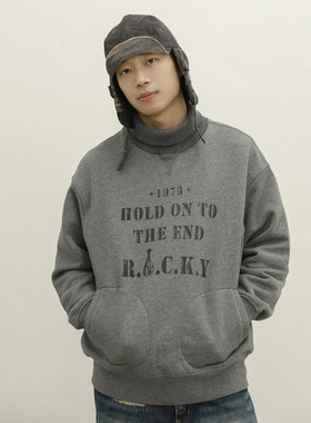 OUTORI2023秋冬复古拼接套头高领拳击手运动衫抓绒保暖印花卫衣男