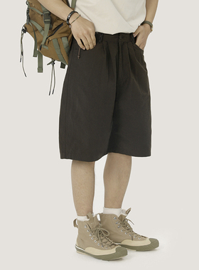 OUTORI 夏季新款复古双褶刺绣直筒短裤复古vintage五分裤男潮