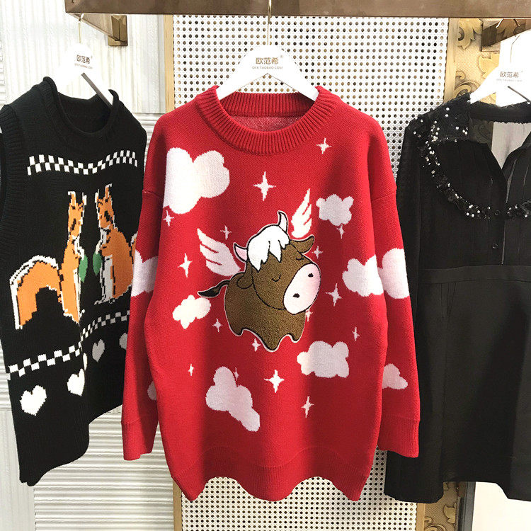 【断码福利价】戚薇同款红色本命年属牛针织衫宽松卡通牛图案毛衣