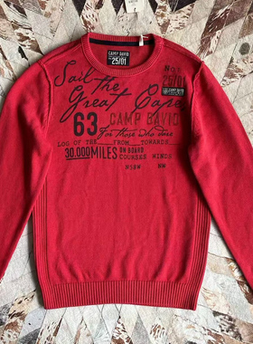 工装camp david戴维营男款红色做旧水洗纯棉字母印花针织衫毛衣