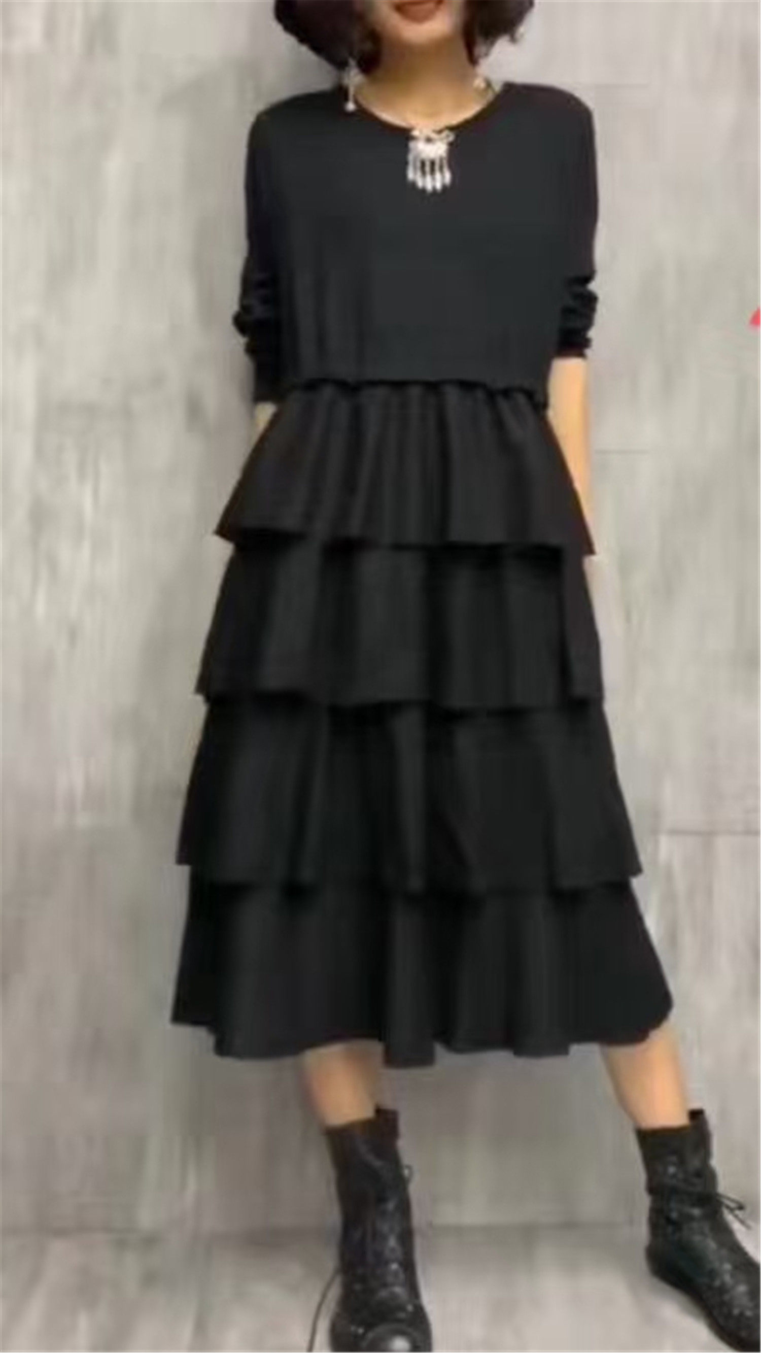 专柜女款针织连衣裙多层蛋糕裙修身显瘦长裙秋冬款特价清仓