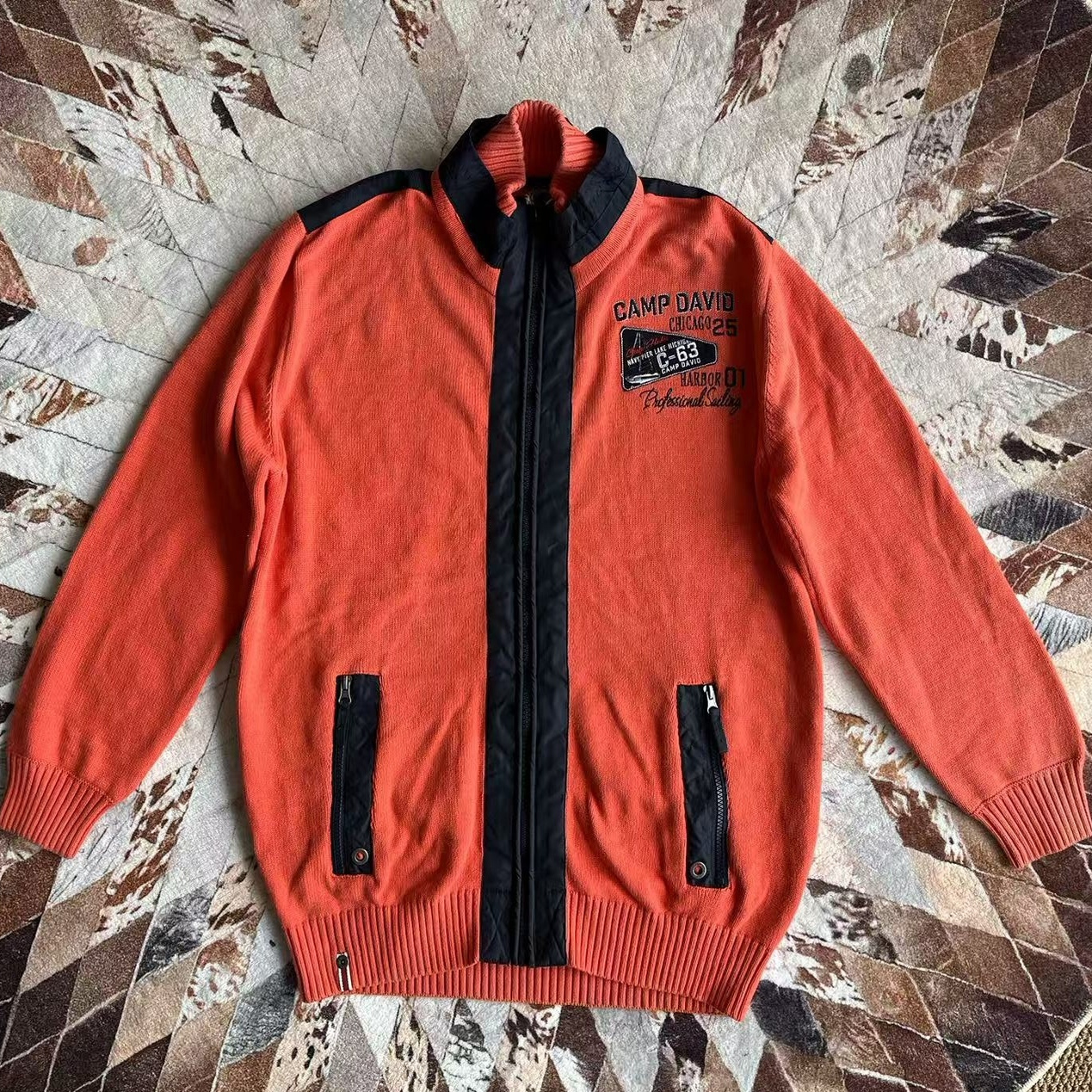 橘红做旧水洗拉链针织衫毛衣