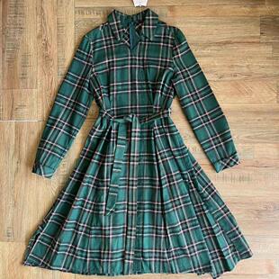 韩国潮牌SOUP女款复古绿色格纹磨毛连衣裙文艺范收腰显瘦设计长裙
