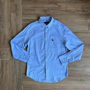 潮牌男款精致马球刺绣小标蓝色花纹纯棉长袖衬衫春秋上衣特价