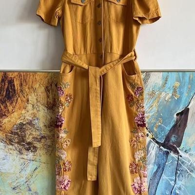 重工花朵刺绣牛仔连体裤