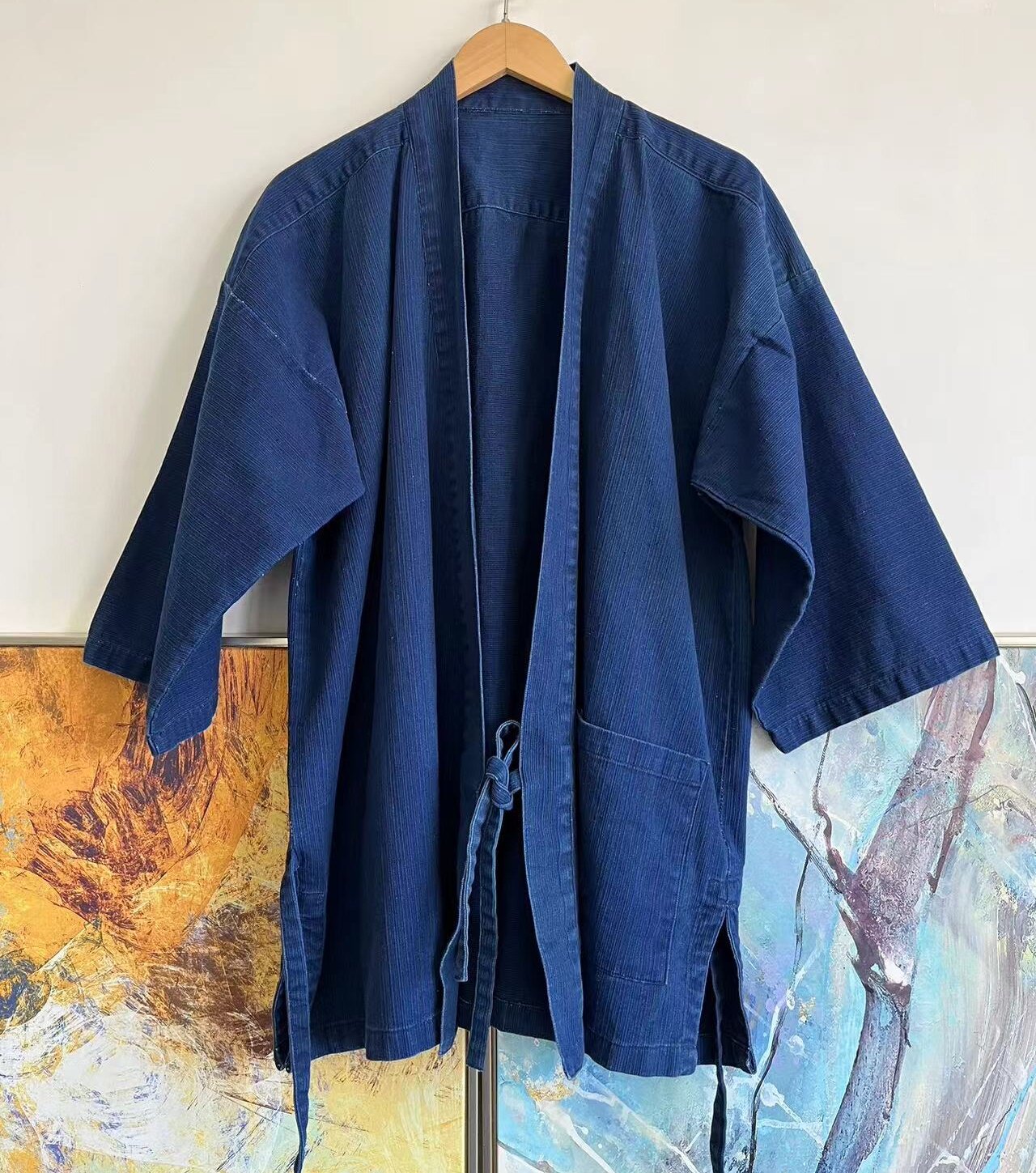 日本潮牌男款复古做旧纯棉道袍裤子套装indigo蓝染水洗微瑕疵