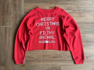 欧美女款红色字母印花短款圆领套头薄绒卫衣上衣短外套特价