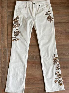 driftwood女款重工花朵刺绣灯芯绒长裤修身显瘦直筒裤