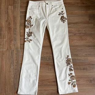 driftwood女款重工花朵刺绣灯芯绒长裤修身显瘦直筒裤