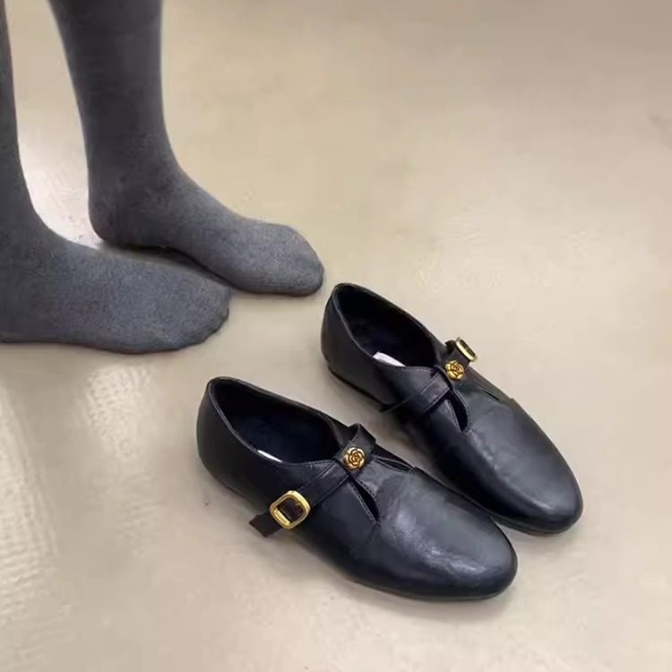 羊皮版~通勤平底玛丽珍鞋女一字带山茶花真皮英伦复古圆头小皮鞋,女鞋,浅口单鞋,淘宝优惠券,粉丝福利购,淘宝优惠卷