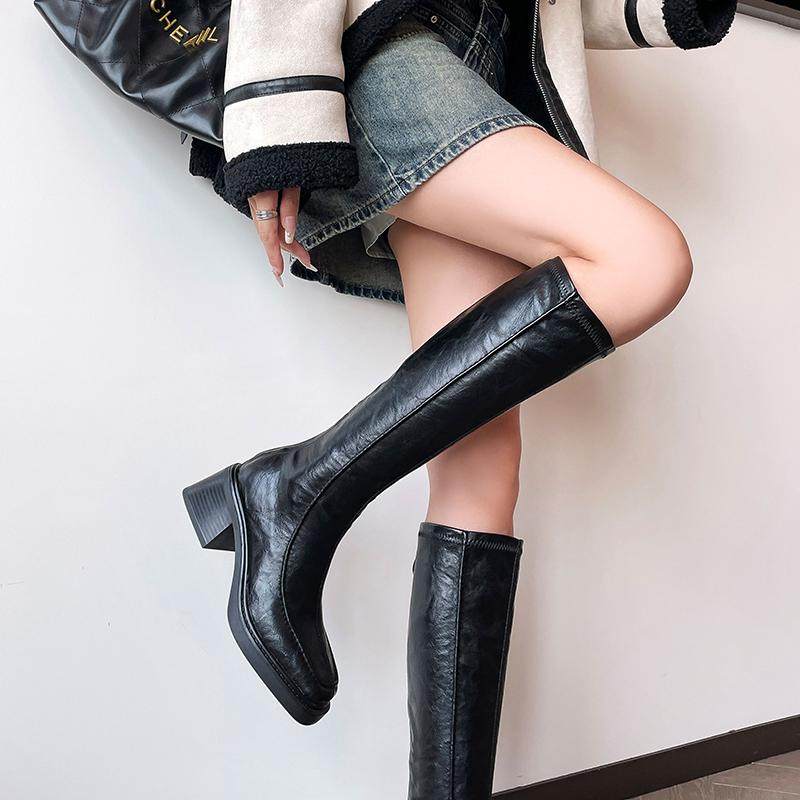 2025新款方头粗跟包腿显瘦弹力靴不过膝高跟高筒骑士靴百搭时装靴,女鞋,时装靴,淘宝优惠券,粉丝福利购,淘宝优惠卷