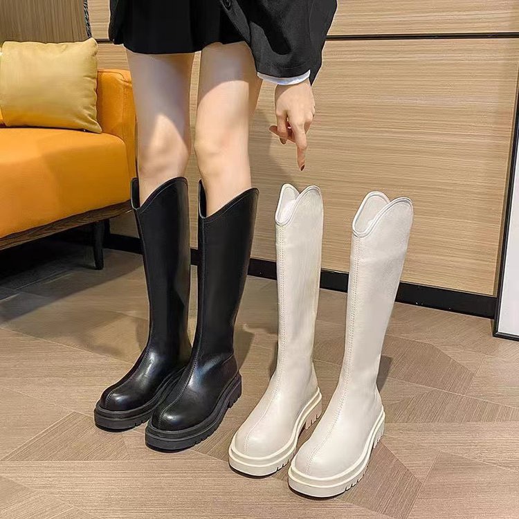 厚底长靴白色长筒靴春秋款大筒围