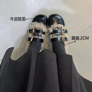 韩版毛毛玛丽珍鞋女秋冬季双扣带浅口单鞋加绒一字扣带圆头小皮鞋