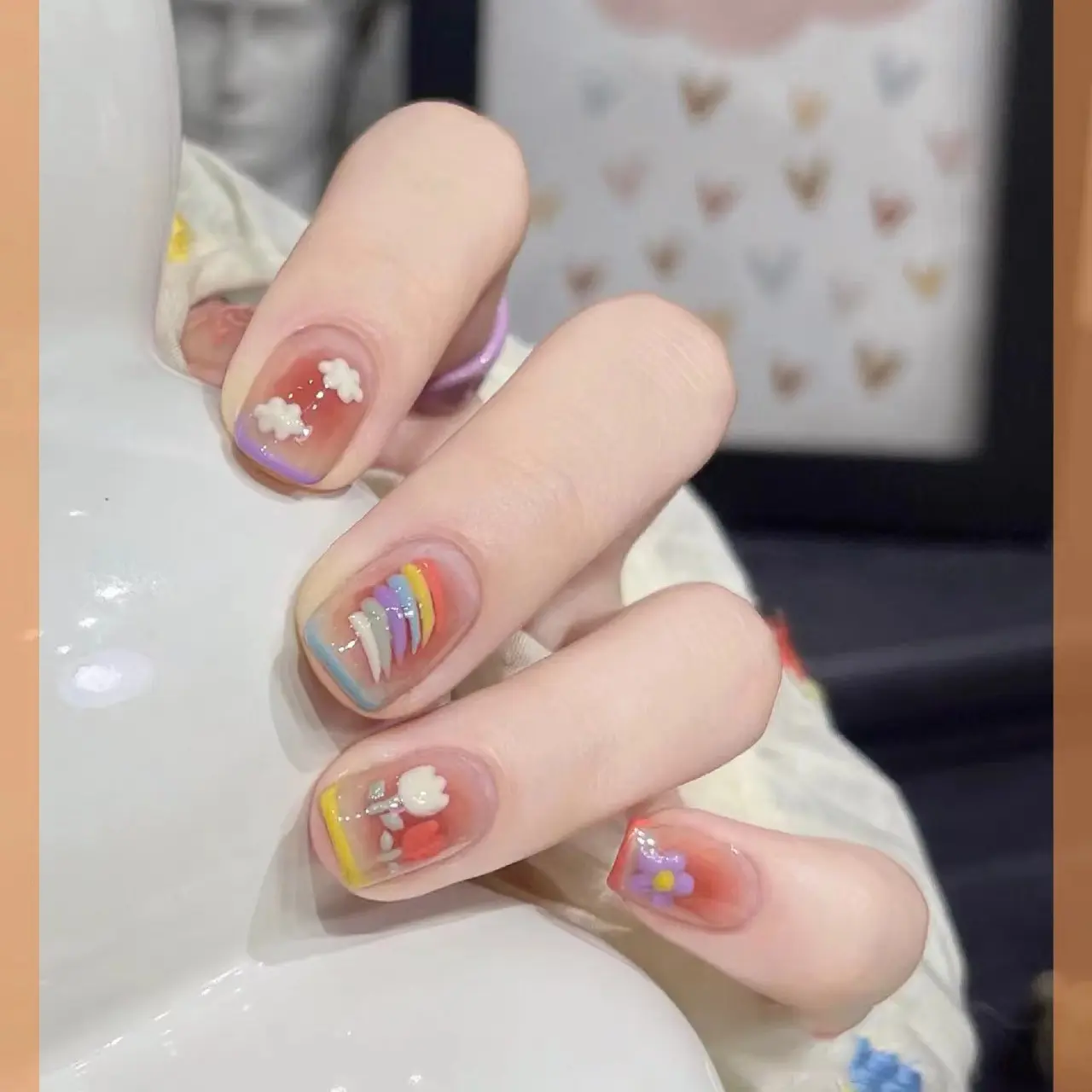 纯手工美甲穿戴甲指甲贴多巴胺ins可爱百搭彩虹郁金香小红书同款