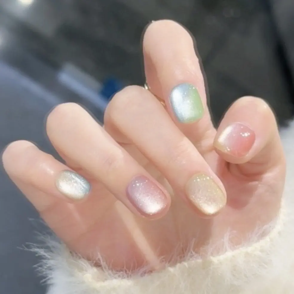 【七彩玻璃珠】春夏新款三仟纯手工穿戴甲 七彩流光渐变法式猫眼