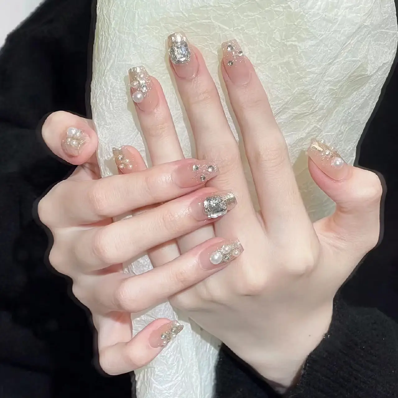 纯手工美甲穿戴甲假指甲贴片富家千金香槟珍珠碎钻爆闪轻奢网红款
