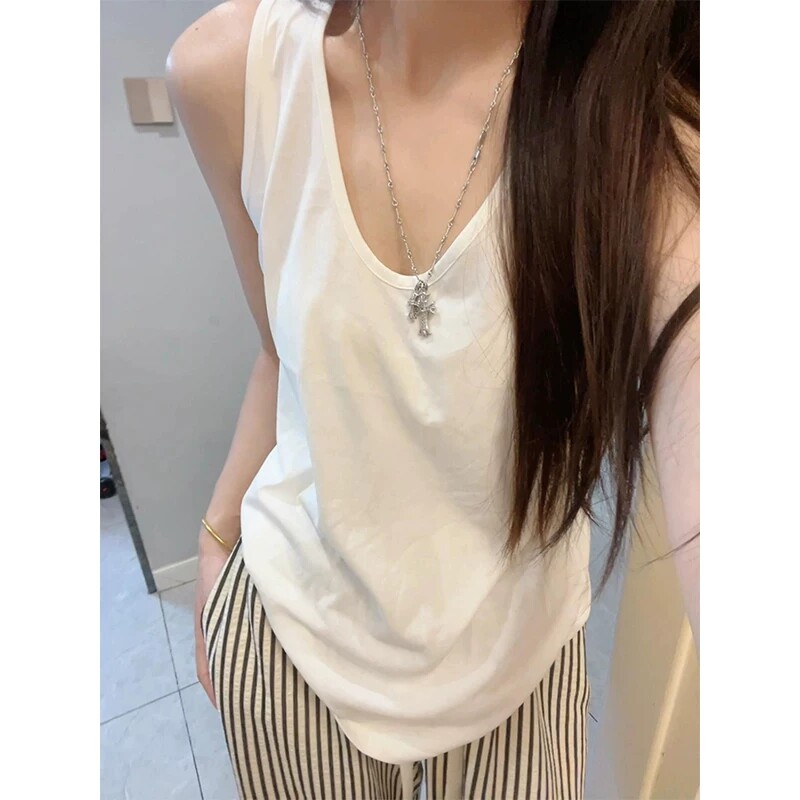 白色运动坎袖背心女夏季