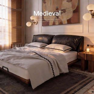 已夏大象耳朵中古侘寂风全真皮高靠背悬浮床大床复古黑设计师卧室