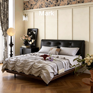 已夏 中古风主卧室复古风北美白蜡木双人简约全真皮床 墨痕浮梦床
