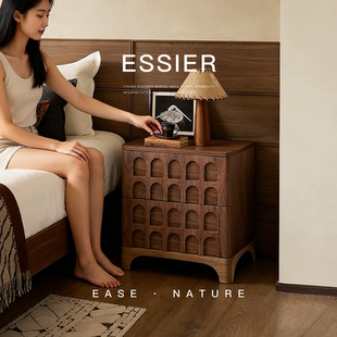 已夏复古中古胡桃色实木卧室创意收纳储物设计新款 家用床头柜